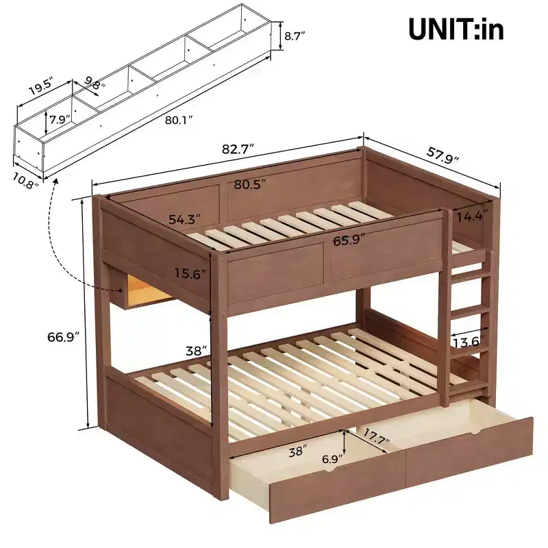 Whisen Full XL over Full XL Bunk Bed with Storage Cabinets and 2 Drawers