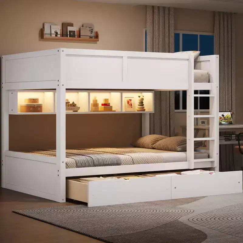 Whisen Full XL over Full XL Bunk Bed with Storage Cabinets and 2 Drawers