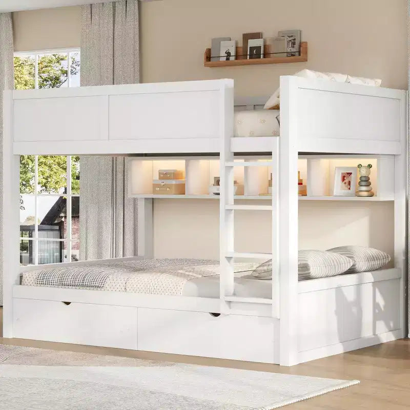 Whisen Full XL over Full XL Bunk Bed with Storage Cabinets and 2 Drawers