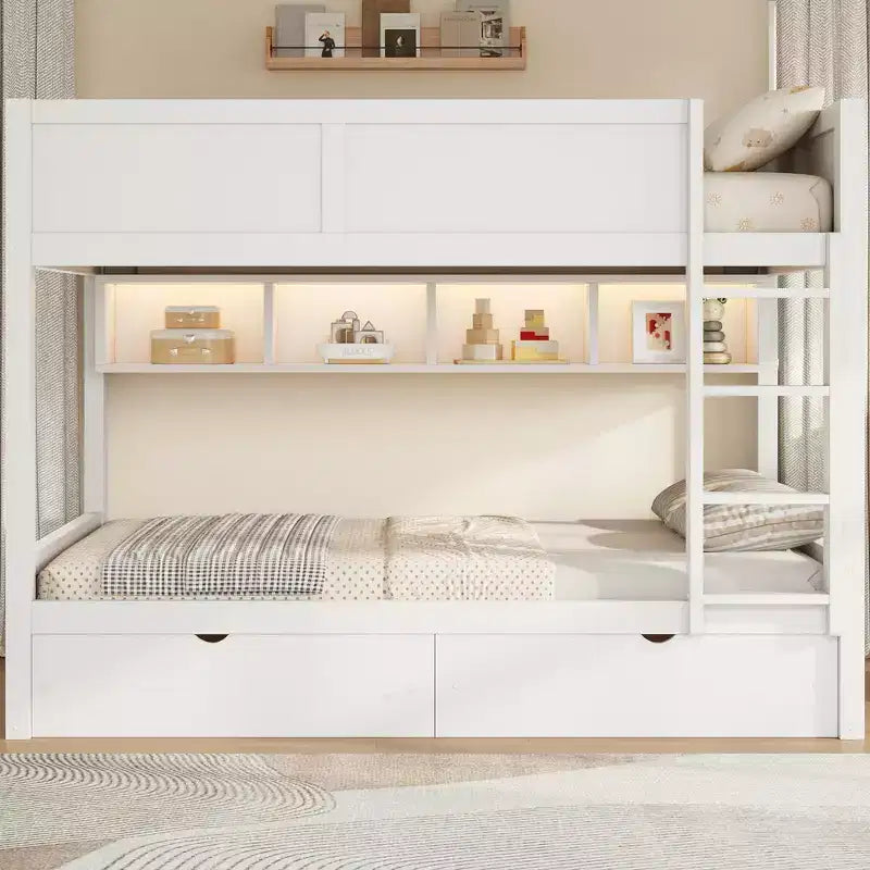 Whisen Full XL over Full XL Bunk Bed with Storage Cabinets and 2 Drawers
