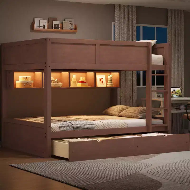 Whisen Full XL over Full XL Bunk Bed with Storage Cabinets and 2 Drawers