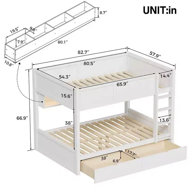 Whisen Full XL over Full XL Bunk Bed with Storage Cabinets and 2 Drawers