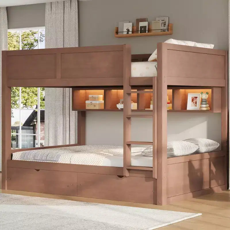 Whisen Full XL over Full XL Bunk Bed with Storage Cabinets and 2 Drawers