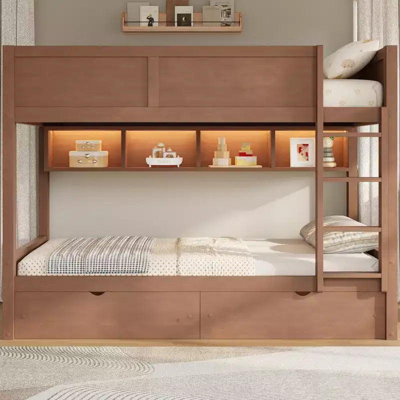 Whisen Full XL over Full XL Bunk Bed with Storage Cabinets and 2 Drawers