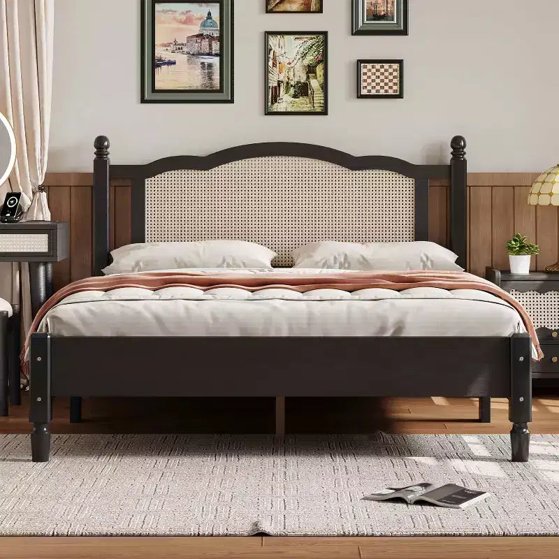 MAYEERTY Queen Size Wooden Platform Bed with Natural Rattan Headboard Vintage Bed Frame with Wooden Slat Black