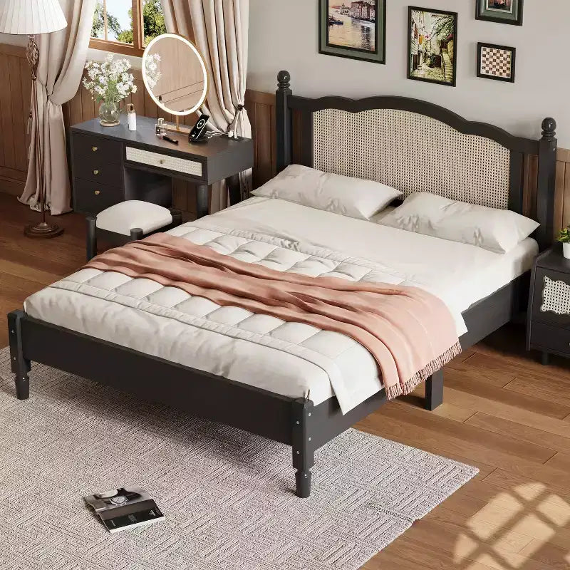 MAYEERTY Queen Size Wooden Platform Bed with Natural Rattan Headboard Vintage Bed Frame with Wooden Slat Black