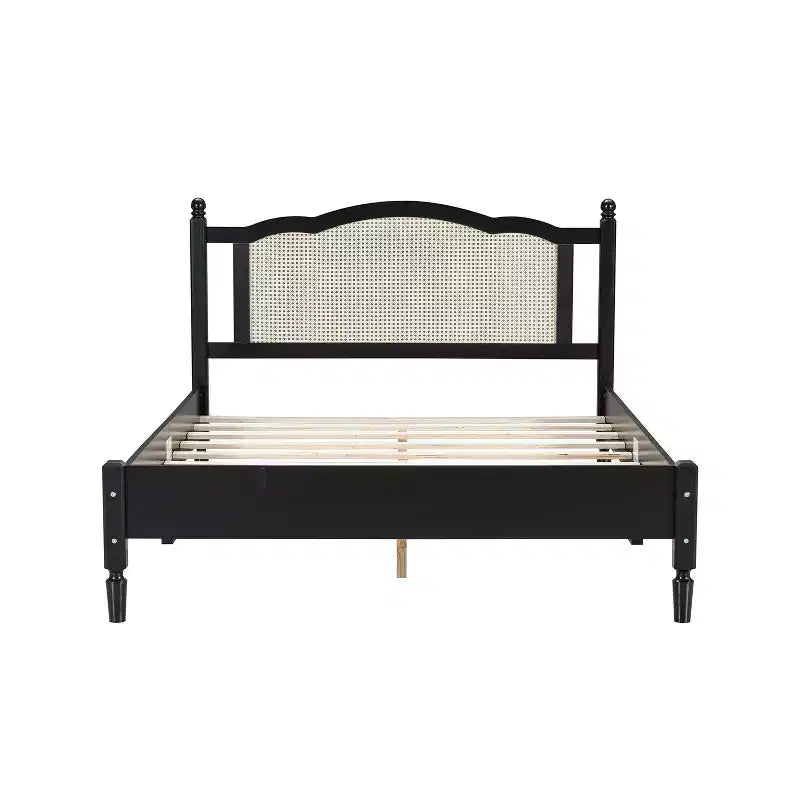 MAYEERTY Queen Size Wooden Platform Bed with Natural Rattan Headboard Vintage Bed Frame with Wooden Slat Black