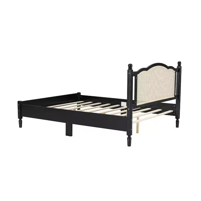 MAYEERTY Queen Size Wooden Platform Bed with Natural Rattan Headboard Vintage Bed Frame with Wooden Slat Black