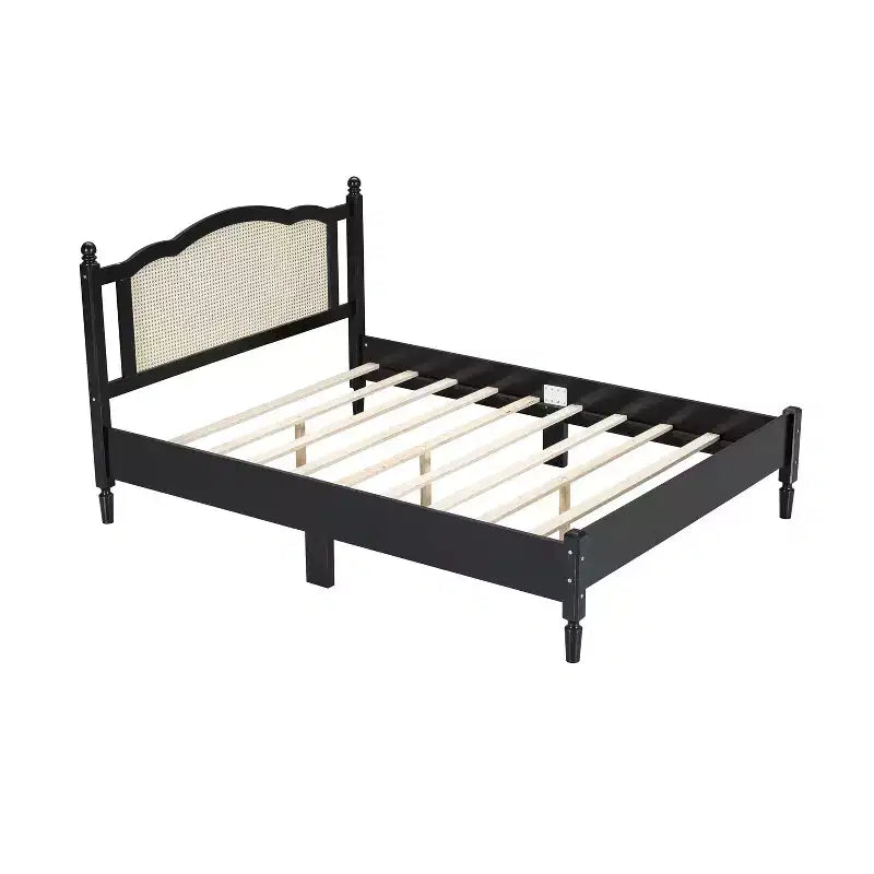 MAYEERTY Queen Size Wooden Platform Bed with Natural Rattan Headboard Vintage Bed Frame with Wooden Slat Black