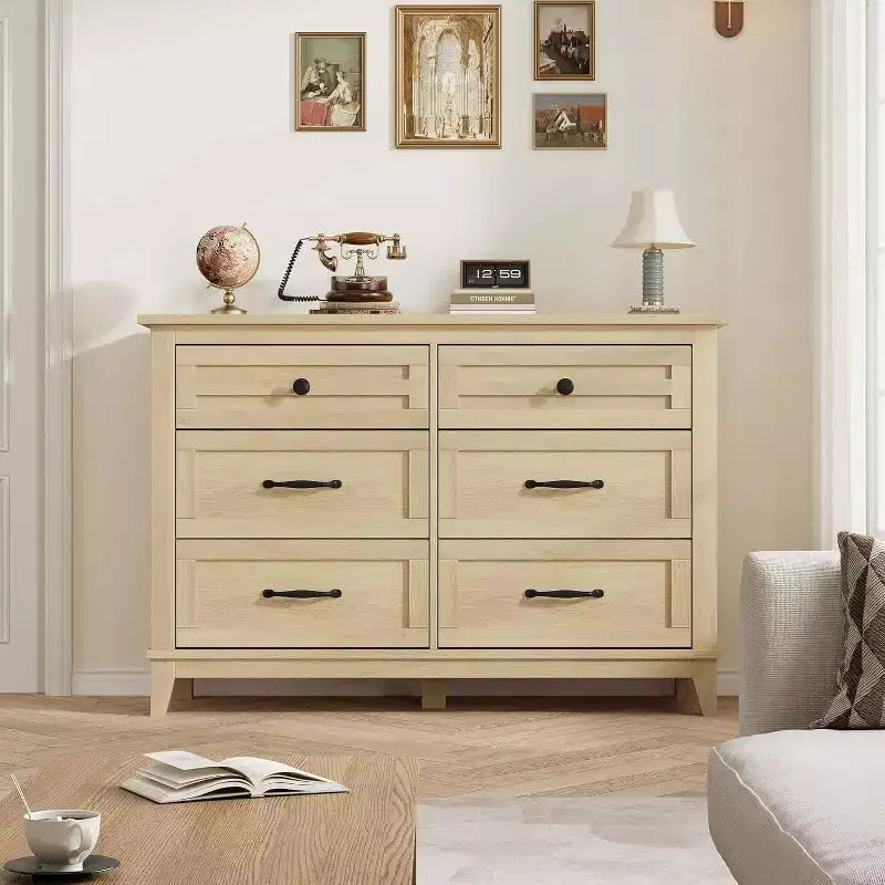 47 in Wide 6-Drawer Dresser for Bedroom, Wooden Closet Storage Chest for Living Room, Entryway, Natural Oak