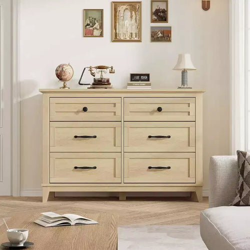 47 in Wide 6-Drawer Dresser for Bedroom, Wooden Closet Storage Chest for Living Room, Entryway, Natural Oak