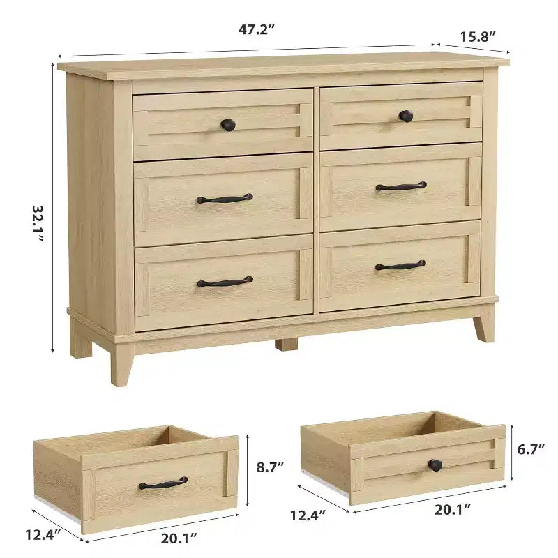 47 in Wide 6-Drawer Dresser for Bedroom, Wooden Closet Storage Chest for Living Room, Entryway, Natural Oak