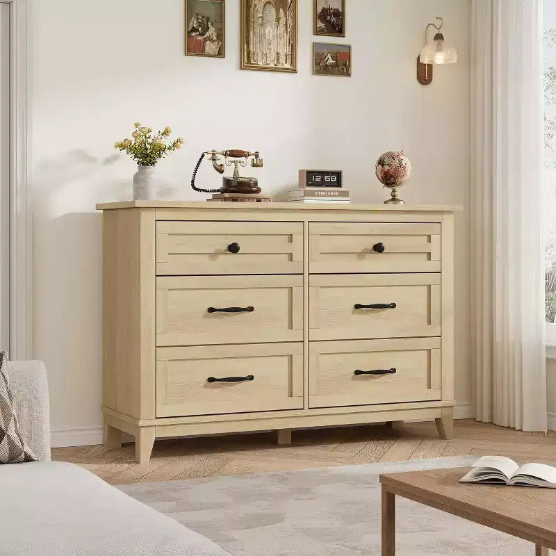 47 in Wide 6-Drawer Dresser for Bedroom, Wooden Closet Storage Chest for Living Room, Entryway, Natural Oak