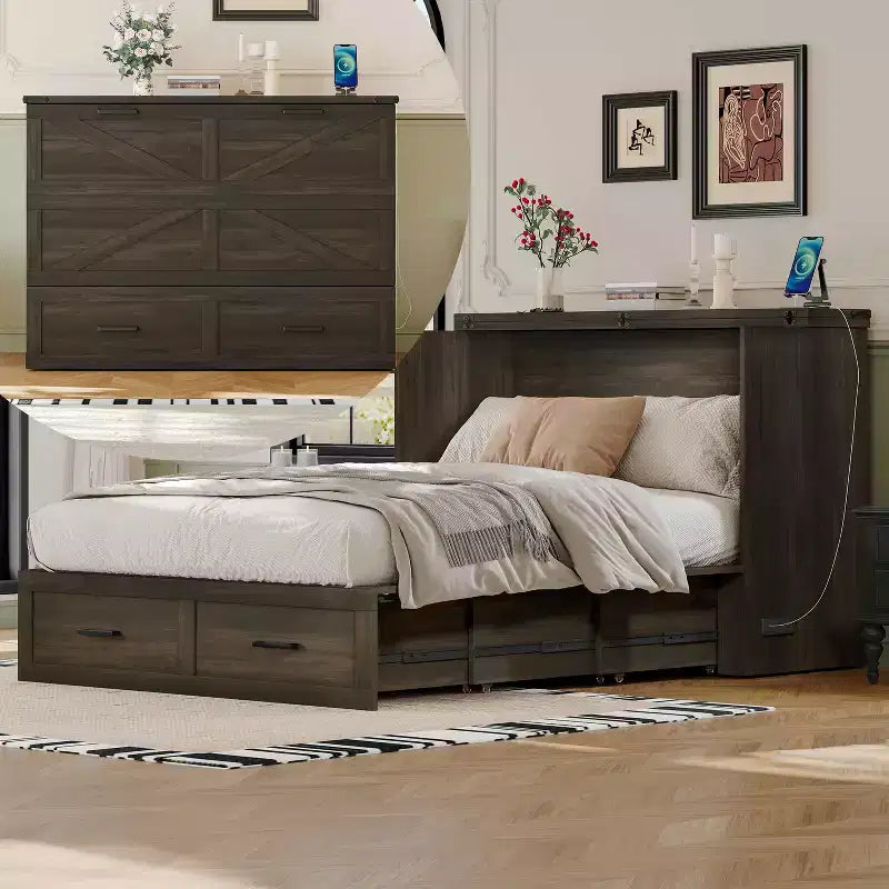 MAYEERTY Full Size Framhouse Cabinet Bed with Foldable Platform Bed with Large Storage Drawer for Bedroom Rustic Gray