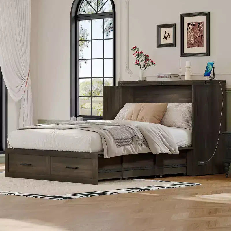 MAYEERTY Full Size Framhouse Cabinet Bed with Foldable Platform Bed with Large Storage Drawer for Bedroom Rustic Gray