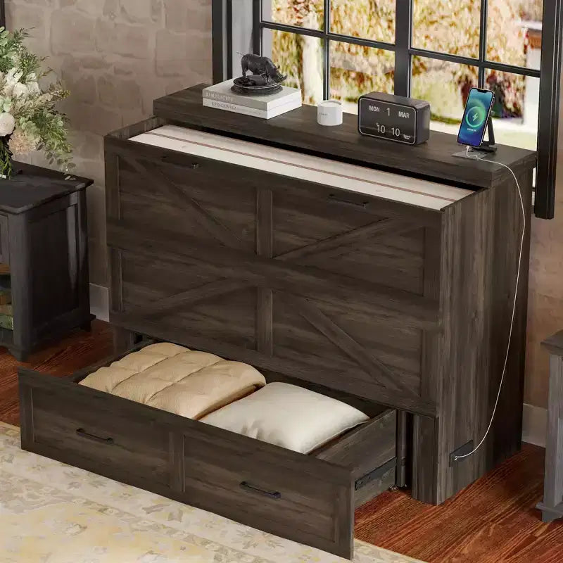 MAYEERTY Full Size Framhouse Cabinet Bed with Foldable Platform Bed with Large Storage Drawer for Bedroom Rustic Gray