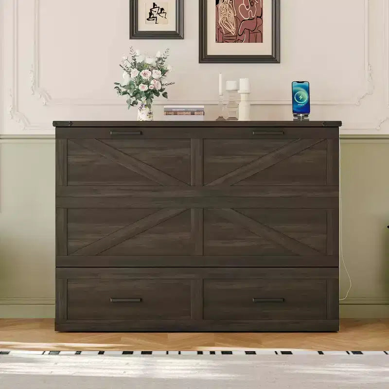 MAYEERTY Full Size Framhouse Cabinet Bed with Foldable Platform Bed with Large Storage Drawer for Bedroom Rustic Gray