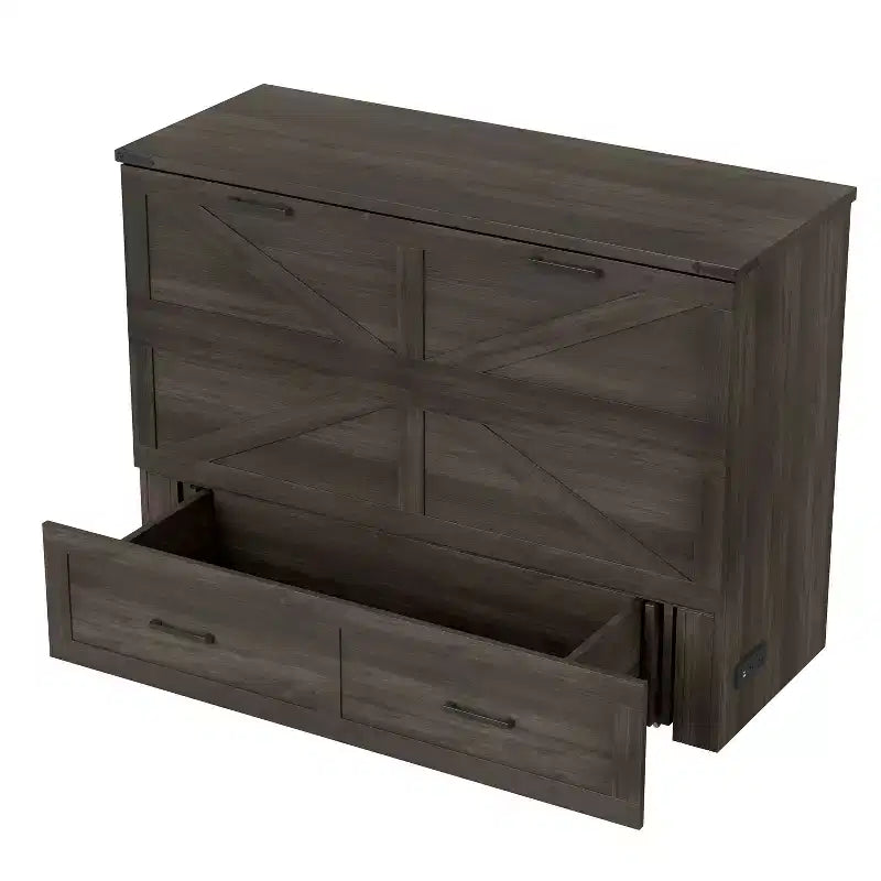 MAYEERTY Full Size Framhouse Cabinet Bed with Foldable Platform Bed with Large Storage Drawer for Bedroom Rustic Gray