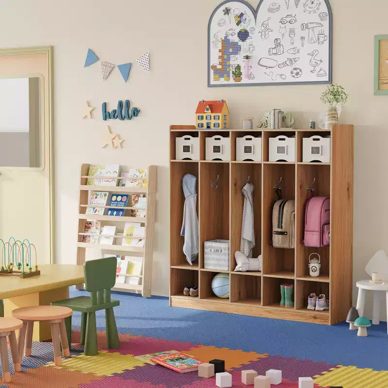 Kids Coat Locker Organizer with 10 Cubbies & Hooks, 5-Section Storage Unit for Classroom, Nursery, Entryway or Playroom, Natural Oak