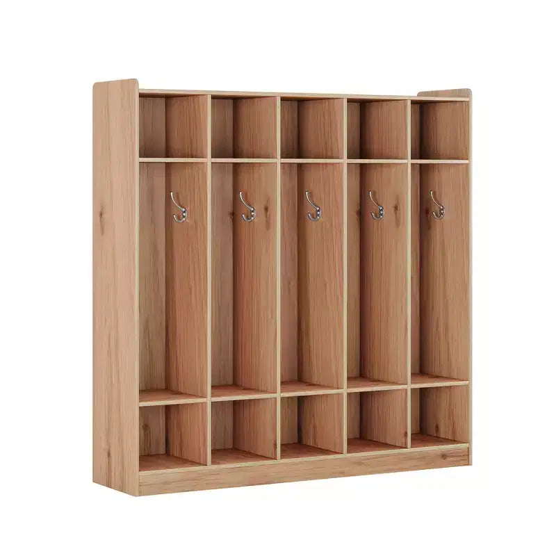 Kids Coat Locker Organizer with 10 Cubbies & Hooks, 5-Section Storage Unit for Classroom, Nursery, Entryway or Playroom, Natural Oak