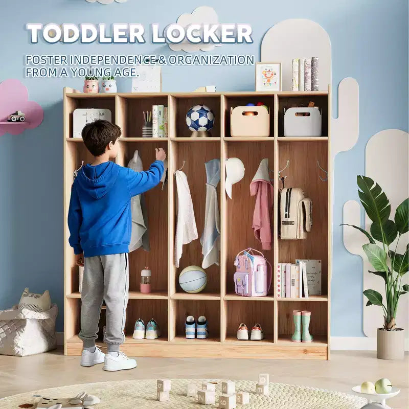 Kids Coat Locker Organizer with 10 Cubbies & Hooks, 5-Section Storage Unit for Classroom, Nursery, Entryway or Playroom, Natural Oak