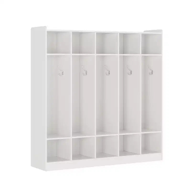 Kids Coat Locker Organizer with 10 Cubbies & Hooks, 5-Section Storage Unit for Classroom, Nursery, Entryway or Playroom, Natural Oak