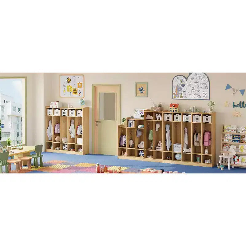 Kids Coat Locker Organizer with 10 Cubbies & Hooks, 5-Section Storage Unit for Classroom, Nursery, Entryway or Playroom, Natural Oak