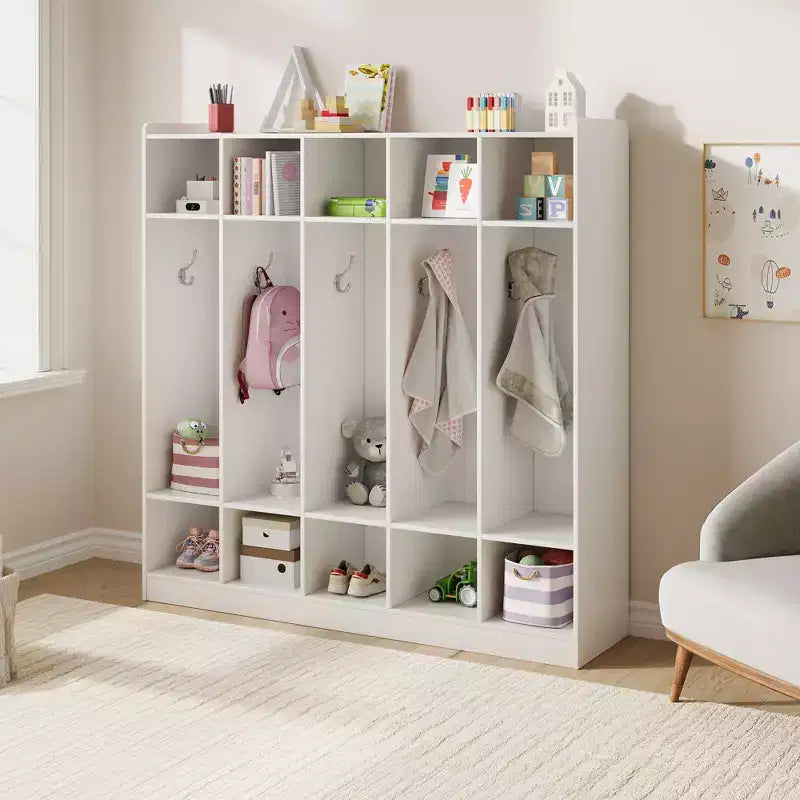 Kids Coat Locker Organizer with 10 Cubbies & Hooks, 5-Section Storage Unit for Classroom, Nursery, Entryway or Playroom, Natural Oak