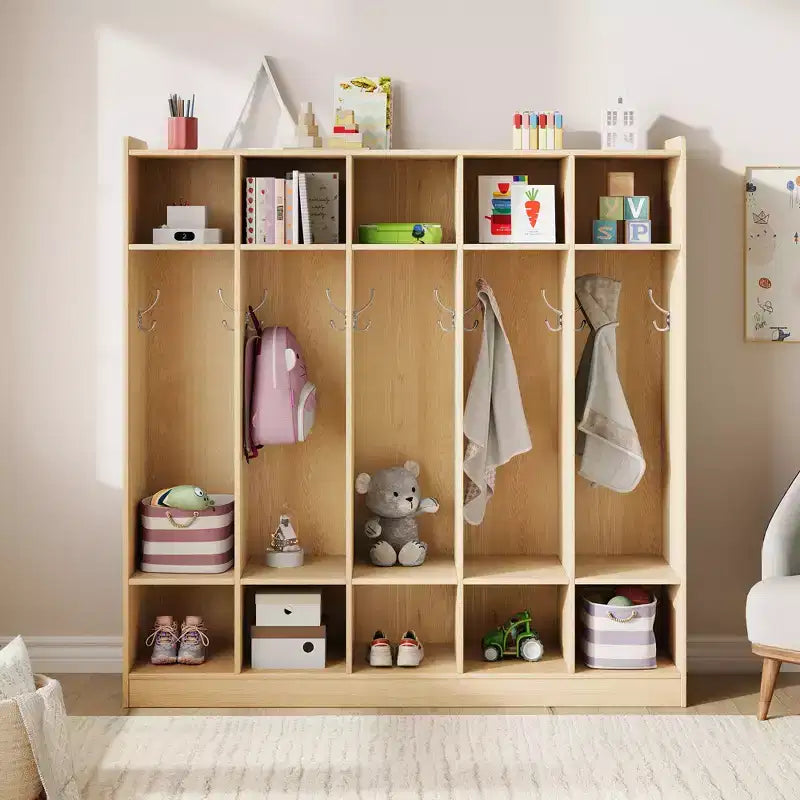 Kids Coat Locker Organizer with 10 Cubbies & Hooks, 5-Section Storage Unit for Classroom, Nursery, Entryway or Playroom, Natural Oak