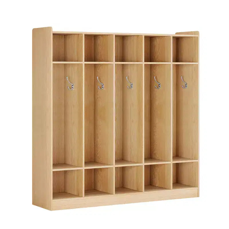 Kids Coat Locker Organizer with 10 Cubbies & Hooks, 5-Section Storage Unit for Classroom, Nursery, Entryway or Playroom, Natural Oak
