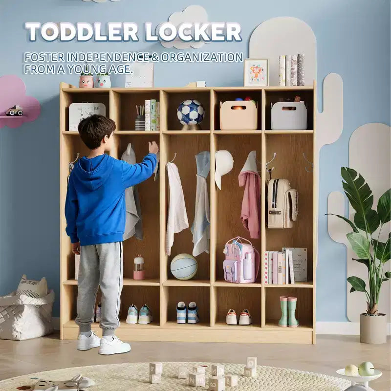 Kids Coat Locker Organizer with 10 Cubbies & Hooks, 5-Section Storage Unit for Classroom, Nursery, Entryway or Playroom, Natural Oak