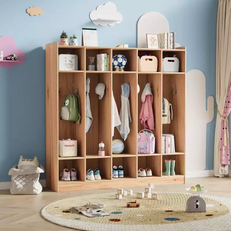 Organiseur de Manteaux pour Enfants avec 10 Casiers et Crochets, Meuble de Rangement à 5 Sections pour Salle de Classe, Crèche, Entrée ou Salle de Jeux, Chêne Naturel