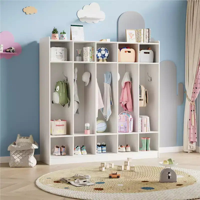 Organiseur de Manteaux pour Enfants avec 10 Casiers et Crochets, Meuble de Rangement à 5 Sections pour Salle de Classe, Crèche, Entrée ou Salle de Jeux, Chêne Naturel