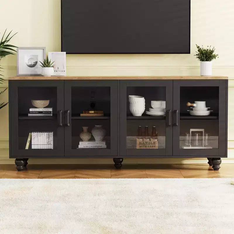 JVNOXK 63-inch Farmhouse-Style Adjustable Shelf TV Stand for TVs 70 inches and under; Features tempered glass doors; Ideal for living rooms; Black