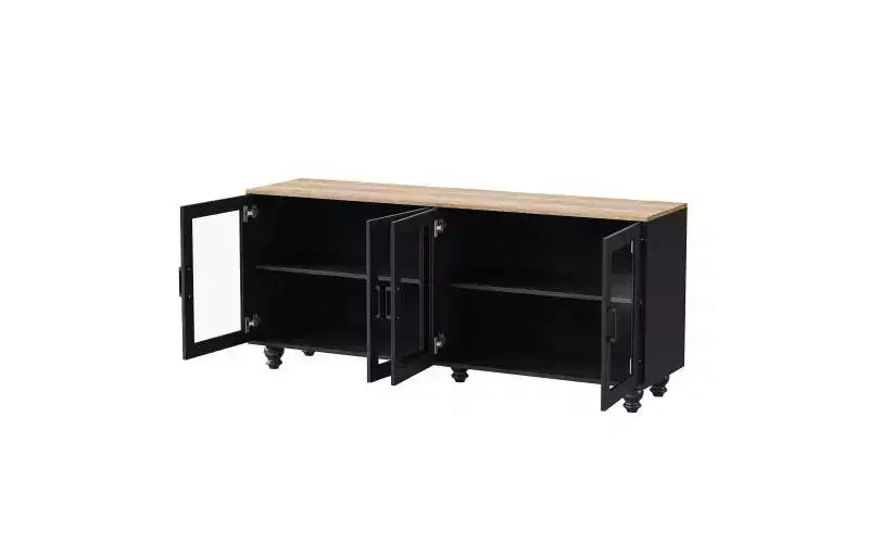 JVNOXK 63-inch Farmhouse-Style Adjustable Shelf TV Stand for TVs 70 inches and under; Features tempered glass doors; Ideal for living rooms; Black