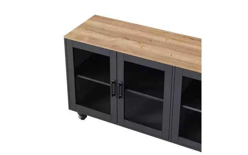 JVNOXK 63-inch Farmhouse-Style Adjustable Shelf TV Stand for TVs 70 inches and under; Features tempered glass doors; Ideal for living rooms; Black