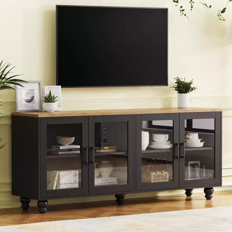 JVNOXK 63-inch Farmhouse-Style Adjustable Shelf TV Stand for TVs 70 inches and under; Features tempered glass doors; Ideal for living rooms; Black