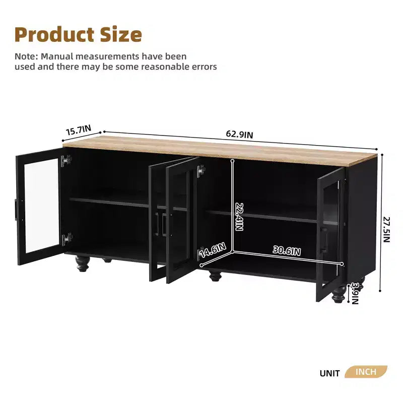JVNOXK 63-inch Farmhouse-Style Adjustable Shelf TV Stand for TVs 70 inches and under; Features tempered glass doors; Ideal for living rooms; Black