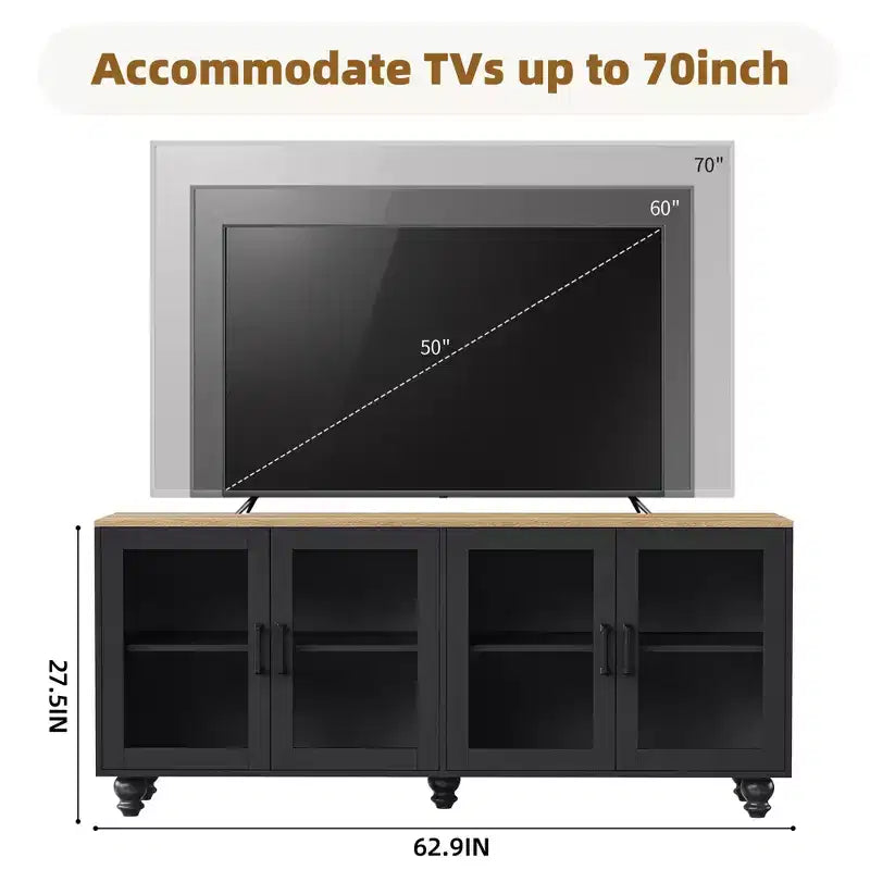 JVNOXK 63-inch Farmhouse-Style Adjustable Shelf TV Stand for TVs 70 inches and under; Features tempered glass doors; Ideal for living rooms; Black