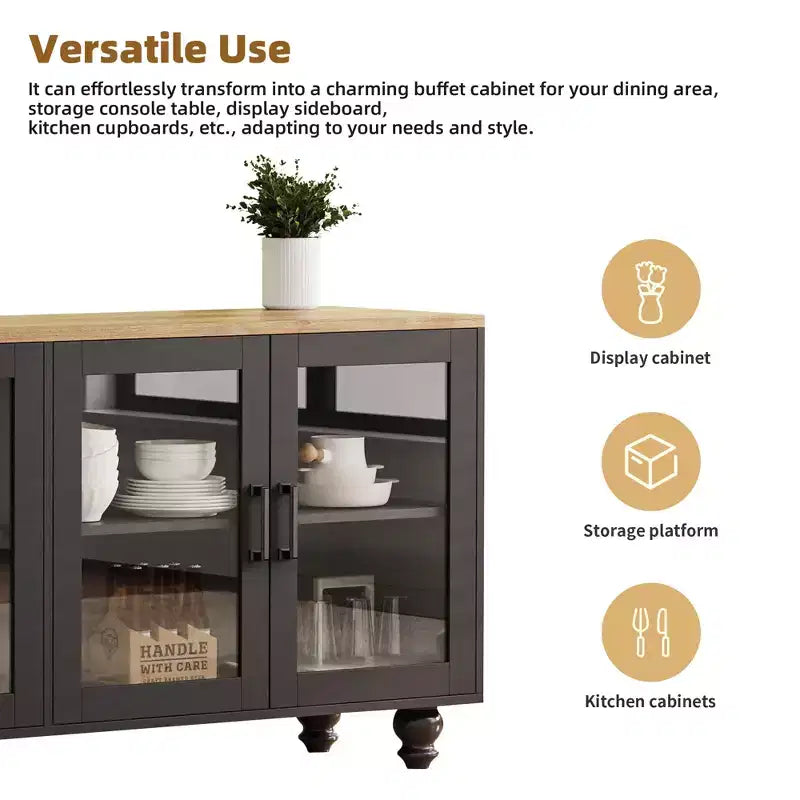 JVNOXK 63-inch Farmhouse-Style Adjustable Shelf TV Stand for TVs 70 inches and under; Features tempered glass doors; Ideal for living rooms; Black