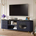 JVNOXK 65-inch Modern Curved Profile TV Stand Recessed Design, Fits TVs 69 inches and under Marble-effect Top with Gold Accents Natural Blue