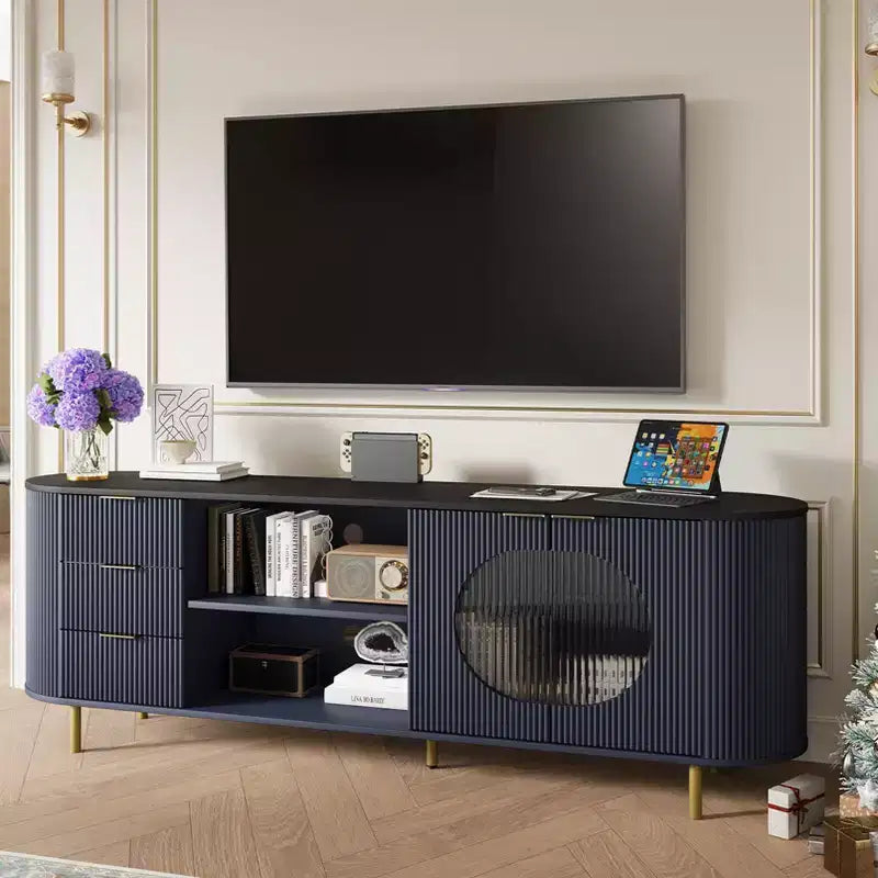 JVNOXK 65-inch Modern Curved Profile TV Stand Recessed Design, Fits TVs 69 inches and under Marble-effect Top with Gold Accents Natural Blue