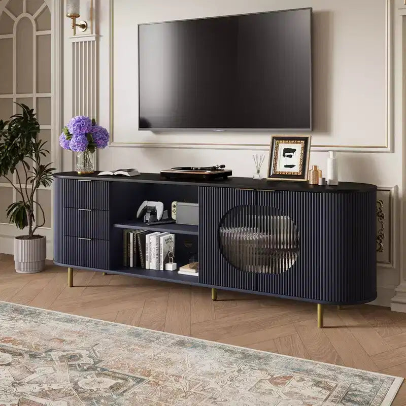 JVNOXK 65-inch Modern Curved Profile TV Stand Recessed Design, Fits TVs 69 inches and under Marble-effect Top with Gold Accents Natural Blue