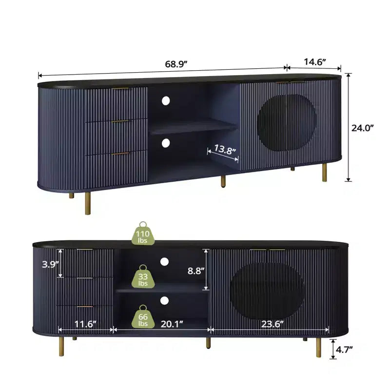 JVNOXK 65-inch Modern Curved Profile TV Stand Recessed Design, Fits TVs 69 inches and under Marble-effect Top with Gold Accents Natural Blue