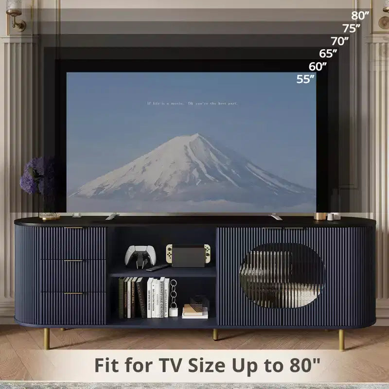 JVNOXK 65-inch Modern Curved Profile TV Stand Recessed Design, Fits TVs 69 inches and under Marble-effect Top with Gold Accents Natural Blue