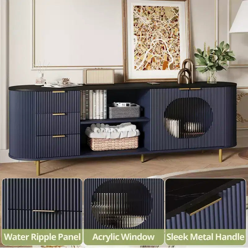 JVNOXK 65-inch Modern Curved Profile TV Stand Recessed Design, Fits TVs 69 inches and under Marble-effect Top with Gold Accents Natural Blue