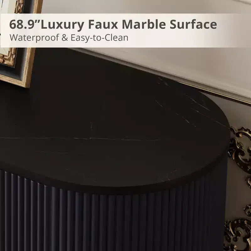 JVNOXK 65-inch Modern Curved Profile TV Stand Recessed Design, Fits TVs 69 inches and under Marble-effect Top with Gold Accents Natural Blue