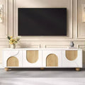 JVNOXK 69-inch Farmhouse-Style TV Stand with Recoil Mechanism Accommodates TVs up to 75 inches 5 Solid Wood Legs Ideal for Living Rooms White