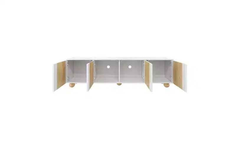 JVNOXK 69-inch Farmhouse-Style TV Stand with Recoil Mechanism Accommodates TVs up to 75 inches 5 Solid Wood Legs Ideal for Living Rooms White
