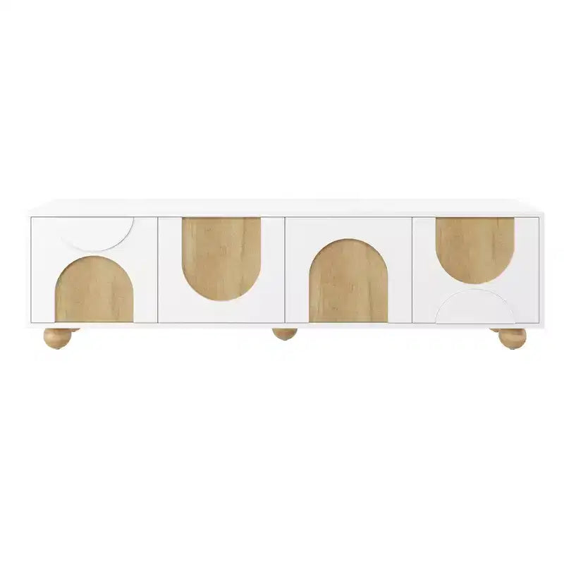 JVNOXK 69-inch Farmhouse-Style TV Stand with Recoil Mechanism Accommodates TVs up to 75 inches 5 Solid Wood Legs Ideal for Living Rooms White